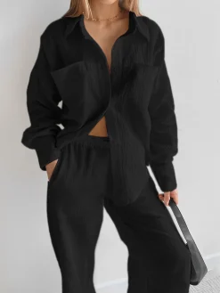 Clearance Minimalist Cotton Two Piece Pants Set Pants Sets|Long Sleeve Sets