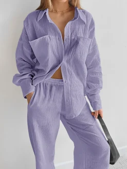 Clearance Minimalist Cotton Two Piece Pants Set Pants Sets|Long Sleeve Sets