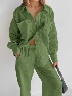 Clearance Minimalist Cotton Two Piece Pants Set Pants Sets|Long Sleeve Sets
