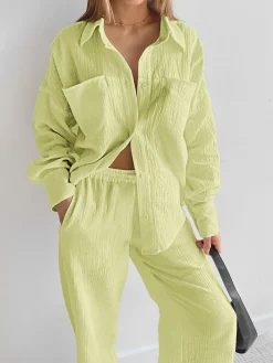 Clearance Minimalist Cotton Two Piece Pants Set Pants Sets|Long Sleeve Sets