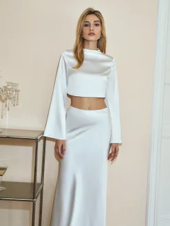 Discount Minimalist Crop Satin Skirt Set Skirt Sets|Long Sleeve Sets