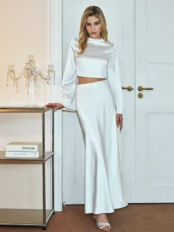 Discount Minimalist Crop Satin Skirt Set Skirt Sets|Long Sleeve Sets