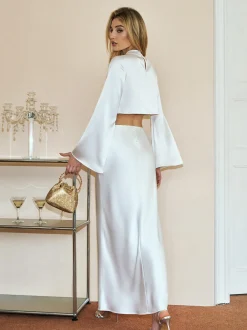 Discount Minimalist Crop Satin Skirt Set Skirt Sets|Long Sleeve Sets