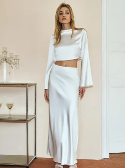 Discount Minimalist Crop Satin Skirt Set Skirt Sets|Long Sleeve Sets