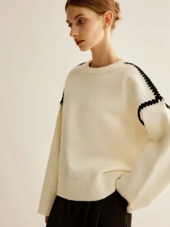Minimalist Embroidered Trim Sweater Sweater Tops|Sweaters & Cardigans