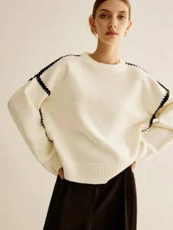 Minimalist Embroidered Trim Sweater Sweater Tops|Sweaters & Cardigans