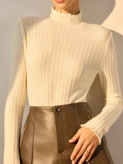 Best Minimalist Lettuce Trim Mock Neck Knit Top Sweater Tops|Sweaters & Cardigans