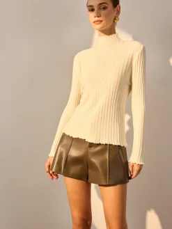 Best Minimalist Lettuce Trim Mock Neck Knit Top Sweater Tops|Sweaters & Cardigans