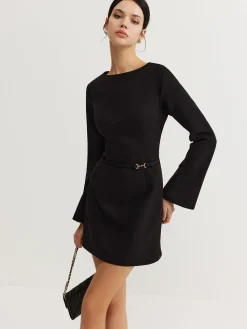 Online Minimalist Long Sleeve Belted Dress Black Dresses|Casual Dresses