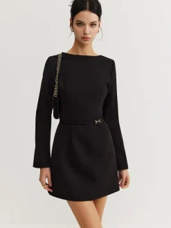 Online Minimalist Long Sleeve Belted Dress Black Dresses|Casual Dresses