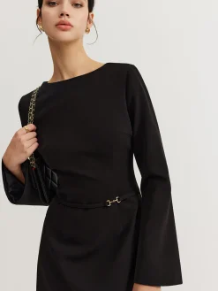 Online Minimalist Long Sleeve Belted Dress Black Dresses|Casual Dresses