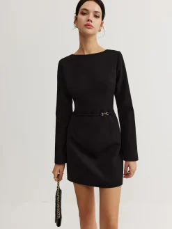 Online Minimalist Long Sleeve Belted Dress Black Dresses|Casual Dresses