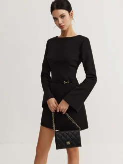Online Minimalist Long Sleeve Belted Dress Black Dresses|Casual Dresses