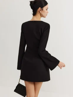 Online Minimalist Long Sleeve Belted Dress Black Dresses|Casual Dresses