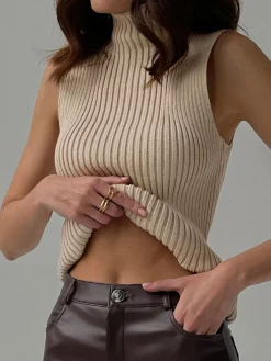 Online Minimalist Mock Neck Rib Tank Top Sweater Vests|Sweaters & Cardigans