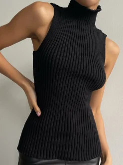 Online Minimalist Mock Neck Rib Tank Top Sweater Vests|Sweaters & Cardigans