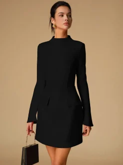 Clearance Minimalist Plain Mock Neck Dress White Dresses|Black Dresses