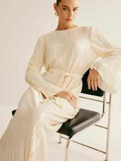 Best Minimalist Plisse Ruffle Belted Dress White Dresses|Casual Dresses
