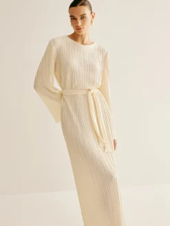 Best Minimalist Plisse Ruffle Belted Dress White Dresses|Casual Dresses