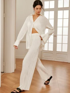 Minimalist Plisse Soft Polo Shirt Long Sleeve Sets|Blouses & Shirts
