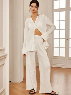 Discount Minimalist  Plisse Wide Leg Pants Long Sleeve Sets|Wide Leg