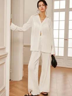 Discount Minimalist  Plisse Wide Leg Pants Long Sleeve Sets|Wide Leg