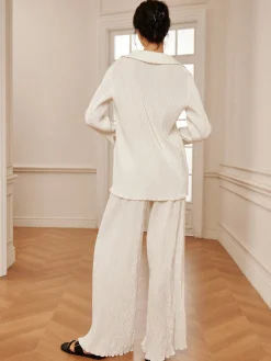 Discount Minimalist  Plisse Wide Leg Pants Long Sleeve Sets|Wide Leg