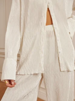 Discount Minimalist  Plisse Wide Leg Pants Long Sleeve Sets|Wide Leg
