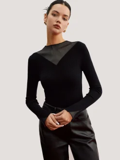 Discount Minimalist Sheer Ribbed Stretch Sweater Sweater Tops|Sweaters & Cardigans