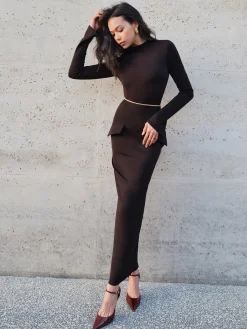Sale Minimalist Slim Long Dress Without Belt Black Dresses|Casual Dresses