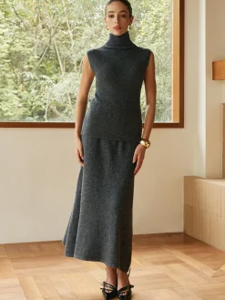 New Minimalist Turtleneck Sleeveless Skirt Set Skirt Sets|Long Sleeve Sets