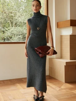 New Minimalist Turtleneck Sleeveless Skirt Set Skirt Sets|Long Sleeve Sets