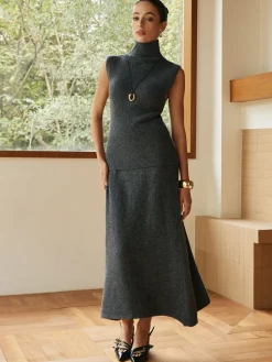 New Minimalist Turtleneck Sleeveless Skirt Set Skirt Sets|Long Sleeve Sets