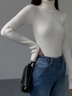 Online Minimalist Turtleneck Slim Knit Top Sweater Tops|Sweaters & Cardigans