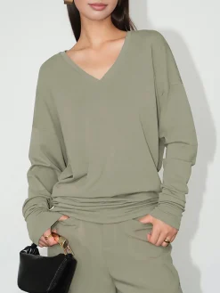 Hot Minimalist V-Neck Draped Top T-shirts|Tops