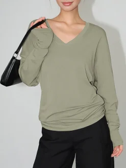 Hot Minimalist V-Neck Draped Top T-shirts|Tops