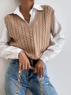 Hot Minimalist V-Neck Twist Vest Sweater Vests|Sweaters & Cardigans