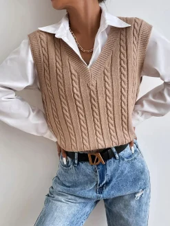 Hot Minimalist V-Neck Twist Vest Sweater Vests|Sweaters & Cardigans
