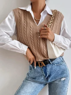 Hot Minimalist V-Neck Twist Vest Sweater Vests|Sweaters & Cardigans