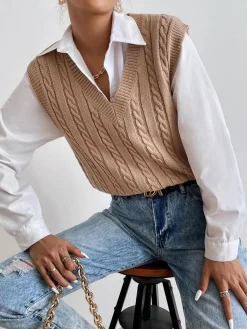 Hot Minimalist V-Neck Twist Vest Sweater Vests|Sweaters & Cardigans