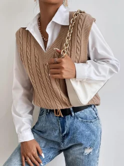 Hot Minimalist V-Neck Twist Vest Sweater Vests|Sweaters & Cardigans