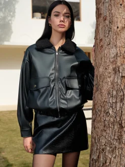 Hot Minky Collar PU Leather Short Jacket Outerwear|Tops