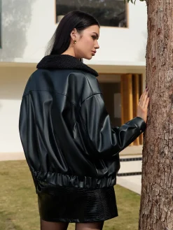 Hot Minky Collar PU Leather Short Jacket Outerwear|Tops