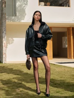 Hot Minky Collar PU Leather Short Jacket Outerwear|Tops