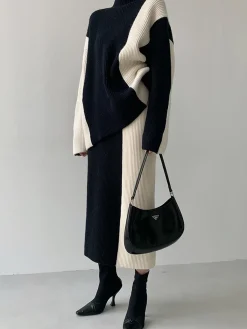 Hot Miss Paris Stripe Two Piece Knit Skirt Set Skirt Sets|Long Sleeve Sets