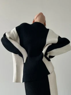 Hot Miss Paris Stripe Two Piece Knit Skirt Set Skirt Sets|Long Sleeve Sets