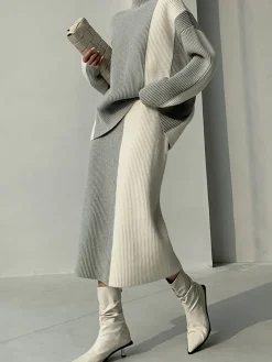 Hot Miss Paris Stripe Two Piece Knit Skirt Set Skirt Sets|Long Sleeve Sets