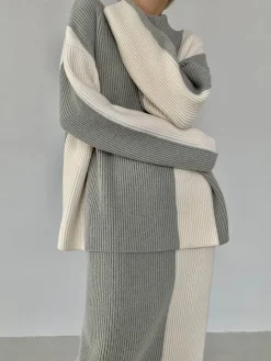 Hot Miss Paris Stripe Two Piece Knit Skirt Set Skirt Sets|Long Sleeve Sets
