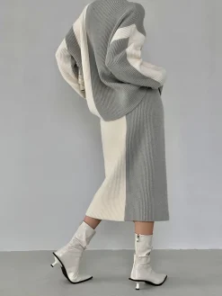 Hot Miss Paris Stripe Two Piece Knit Skirt Set Skirt Sets|Long Sleeve Sets