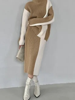 Hot Miss Paris Stripe Two Piece Knit Skirt Set Skirt Sets|Long Sleeve Sets